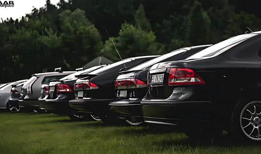 Saab cars stacked in an order giving an appealing look.