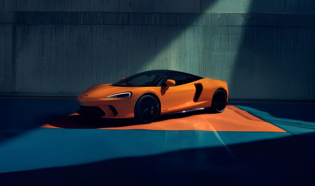 McLaren GT 2024 parked on a surface with a geometric pattern of blue and orange.