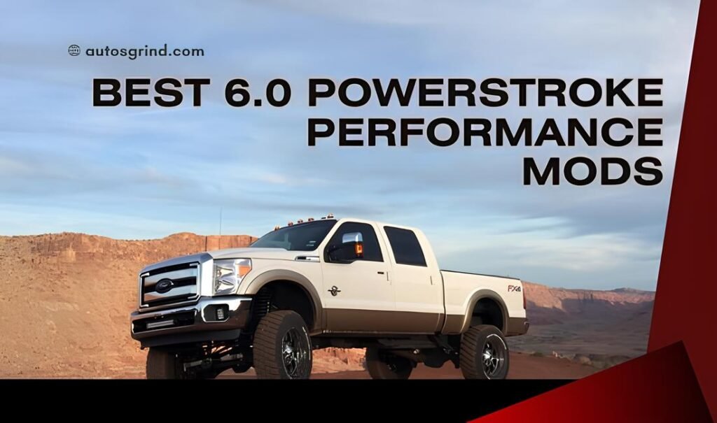 White lifted Ford F-250 Powerstroke truck in desert landscape with text about performance mods