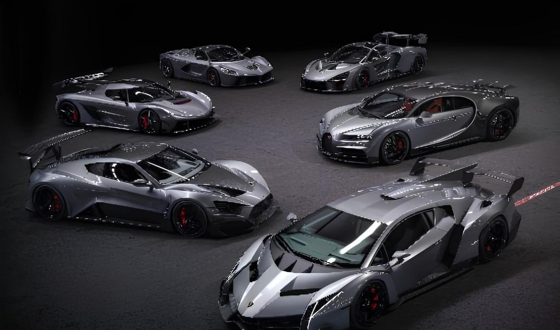 A collection of high-performance hypercars, including Bugatti, and Lamborghin