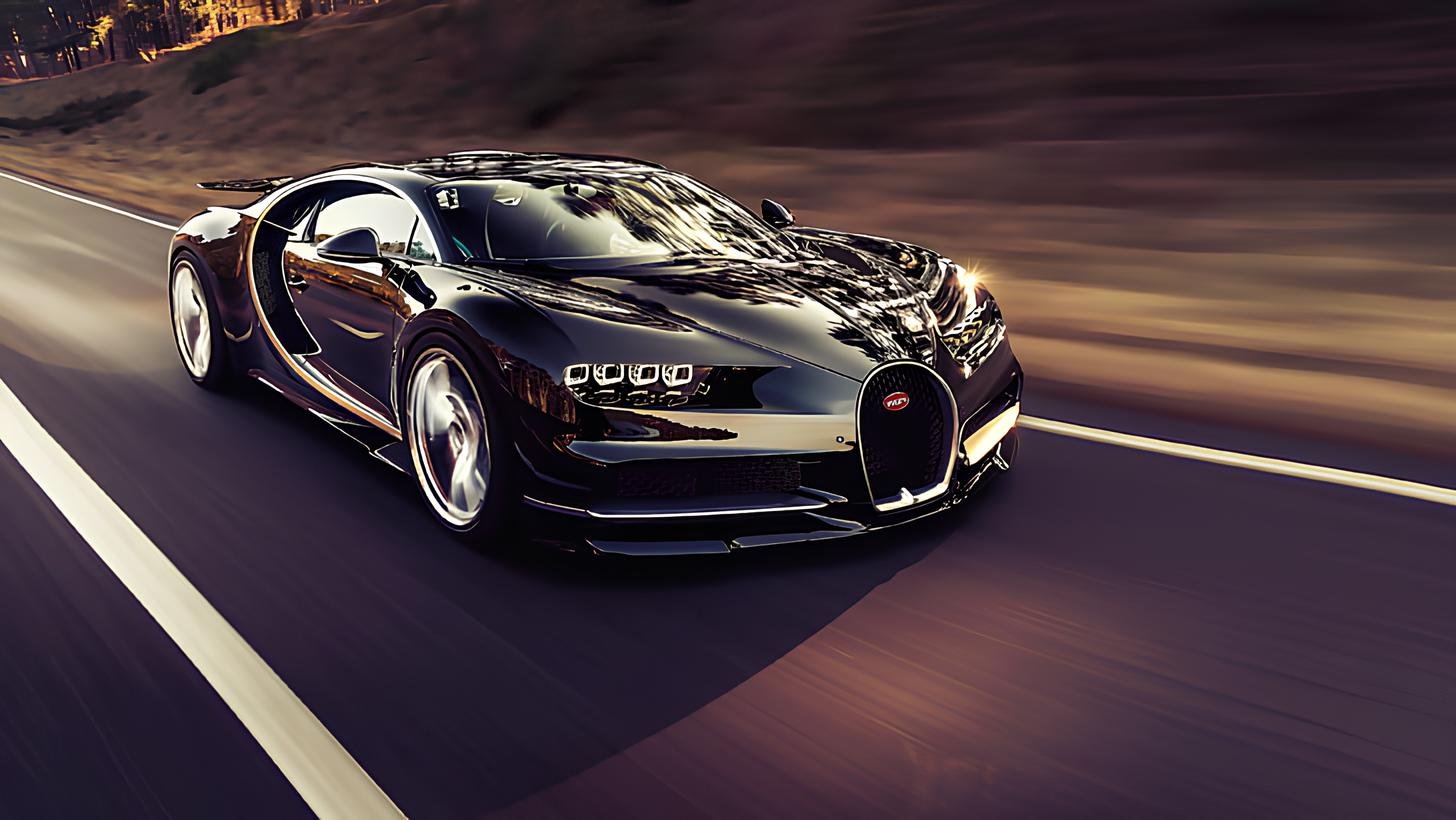 A black Bugatti Chiron speeding down a highway at sunset.