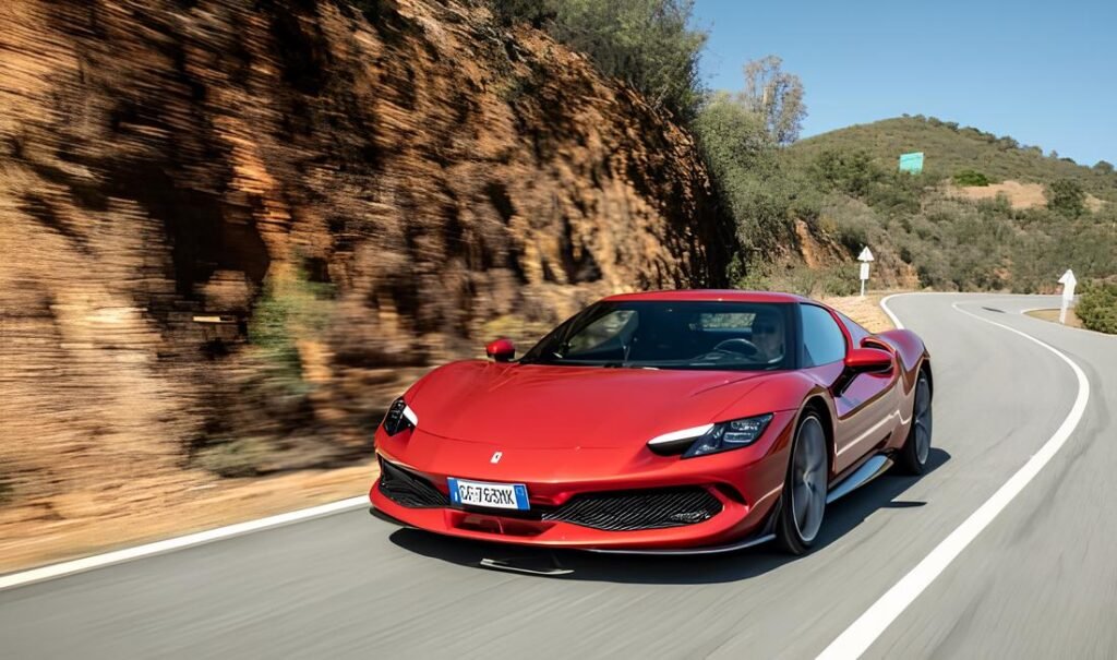 A red Ferrari sports car speeds on a highway with a rocky hillside.