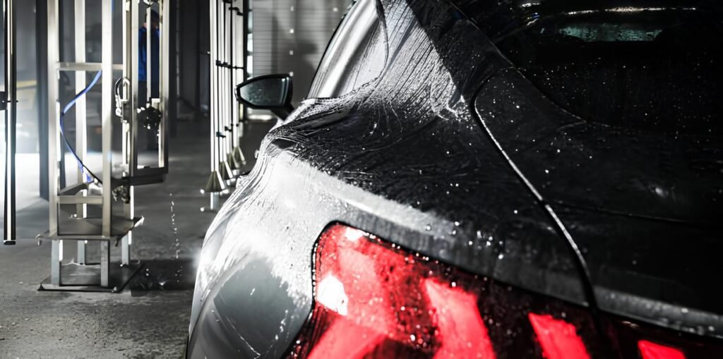 A black car undergoing a touchless car wash with water showcasing the cleaning process without physical contact.