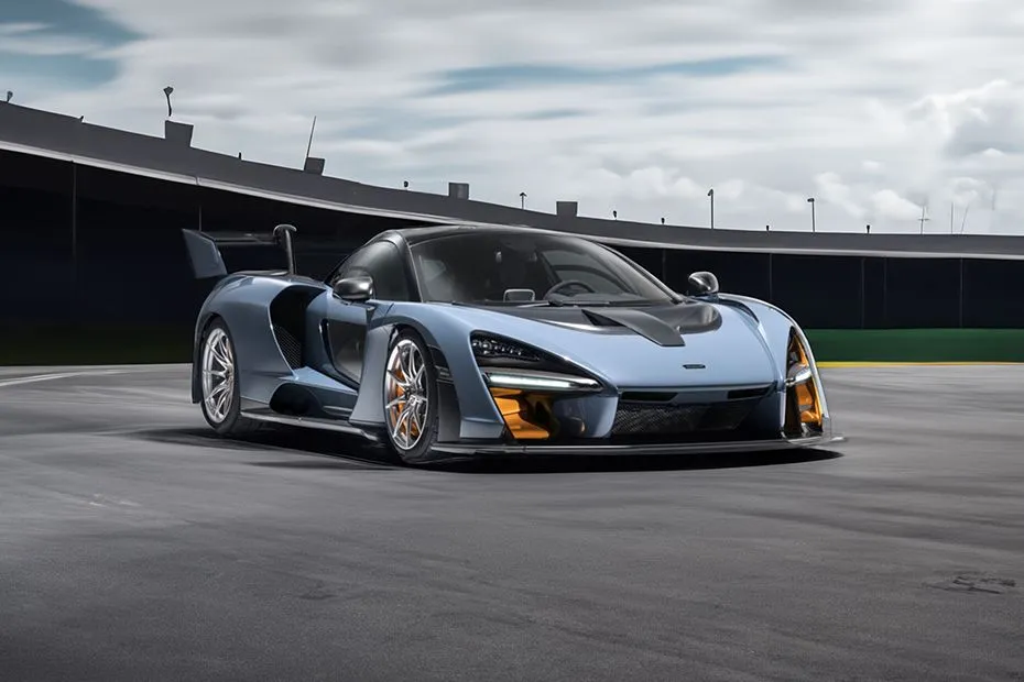 A sleek gray McLaren Senna hypercar on a racetrack.