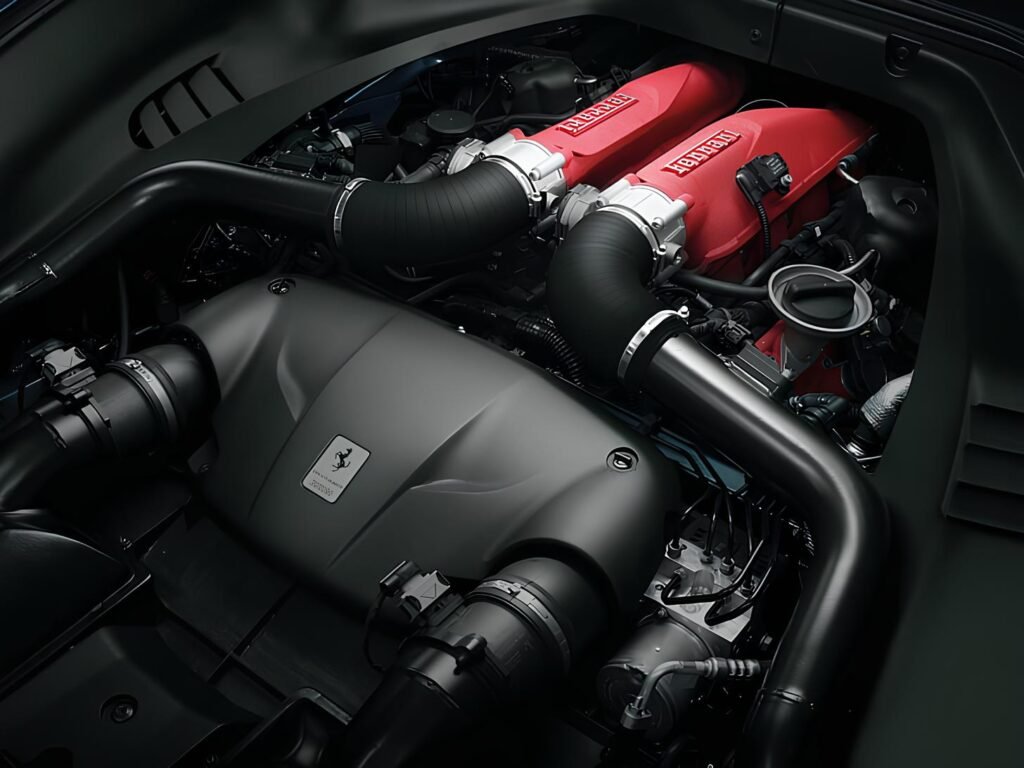 Showcasing V8 engine of Ferrari California.