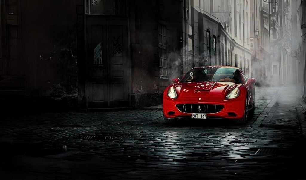 Red Ferrari California parked on a wet cobblestone street, blending modern luxury with historical charm.