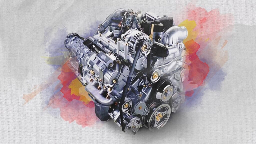 Diesel engine with colorful watercolor splash background"