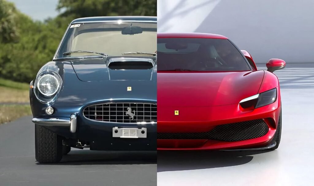 Two Ferrari cars side by side, one classic in blue and one modern in red.