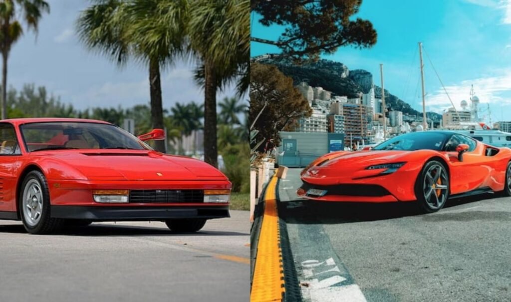 Two red Ferrari sports cars, one is old and one is new