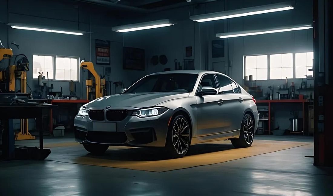 BMW parked in a garage going through maintenance.