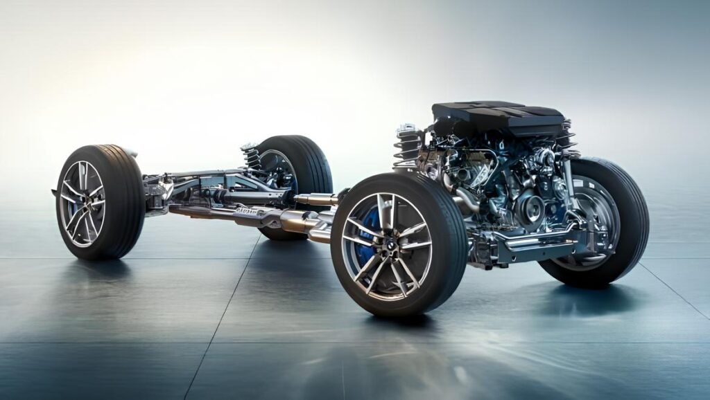 BMW x3 chassis without the car body, showcasing the front and rear suspension systems, wheels, tires, and a fully assembled engine with exhaust system. 