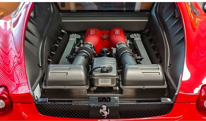 Ferrari F430 V8 engine bay showing its signature red valve covers and intake manifolds in a pristine display