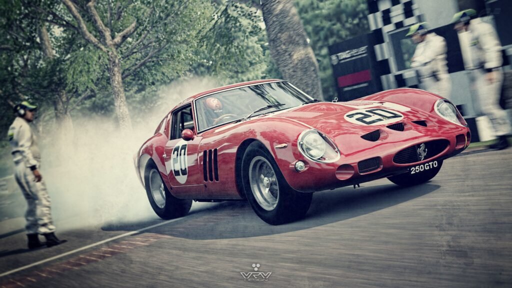 A vintage red 250 GTO creating a dynamic racing atmosphere.