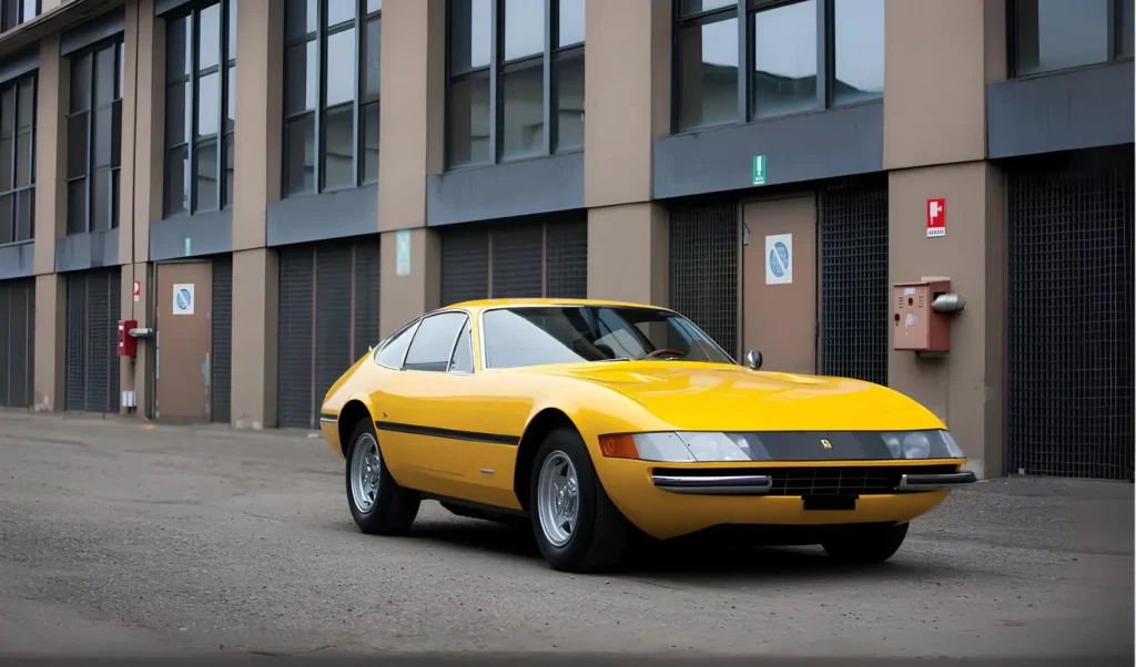 Classic yellow Ferrari Daytona parked in front of a modern building.