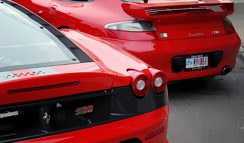 Rear view of a red Ferrari F430 Scuderia alongside a red Porsche 911 Turbo