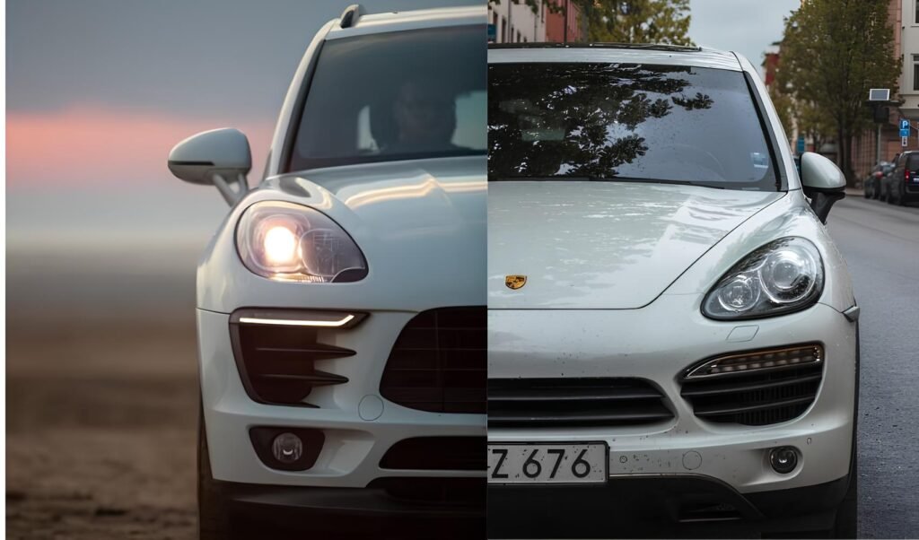 Split image of Porsche Macan and Cayenne SUV showing front quarter views.