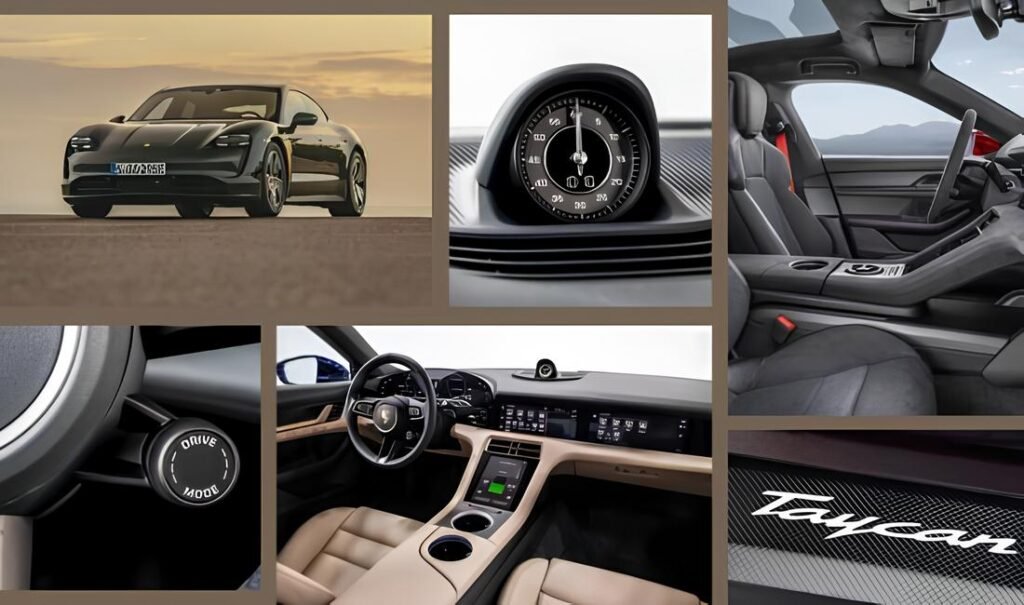 Collage of images showcasing Porsche Taycan's exterior and interior details.