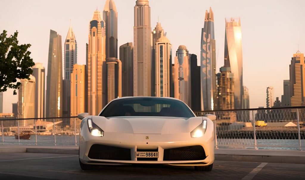 Ferrari cabriolet positioned in front of a modern city skyline