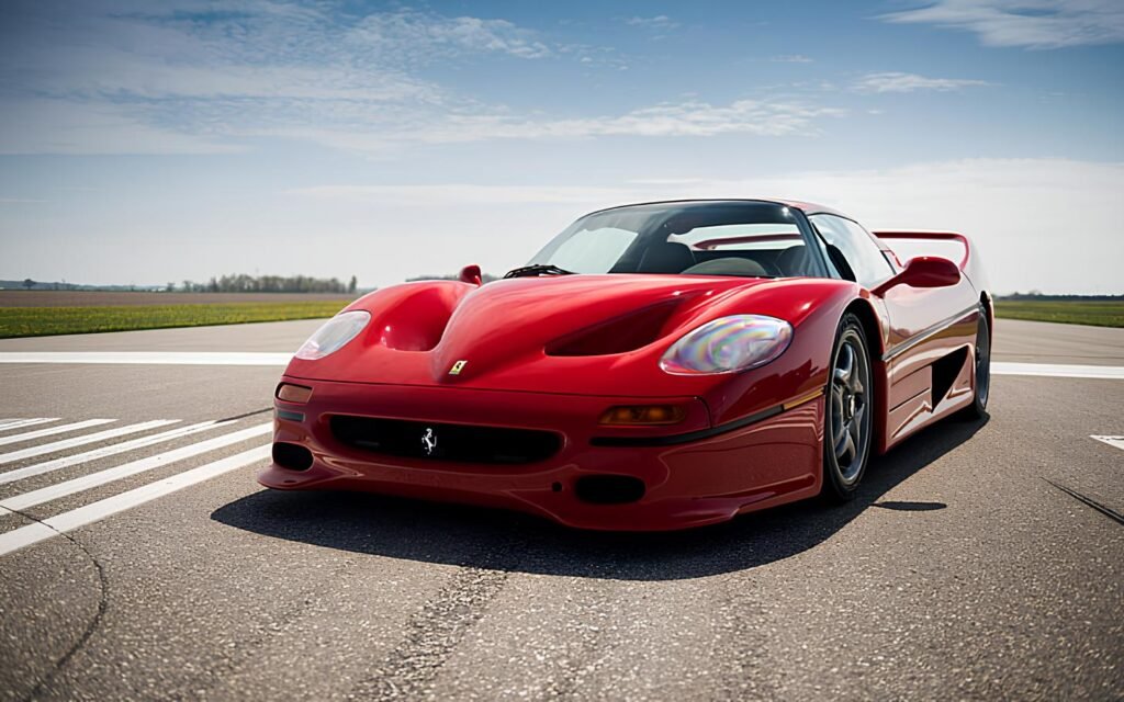 A red Ferrari F50 sports car parked on an airstrip