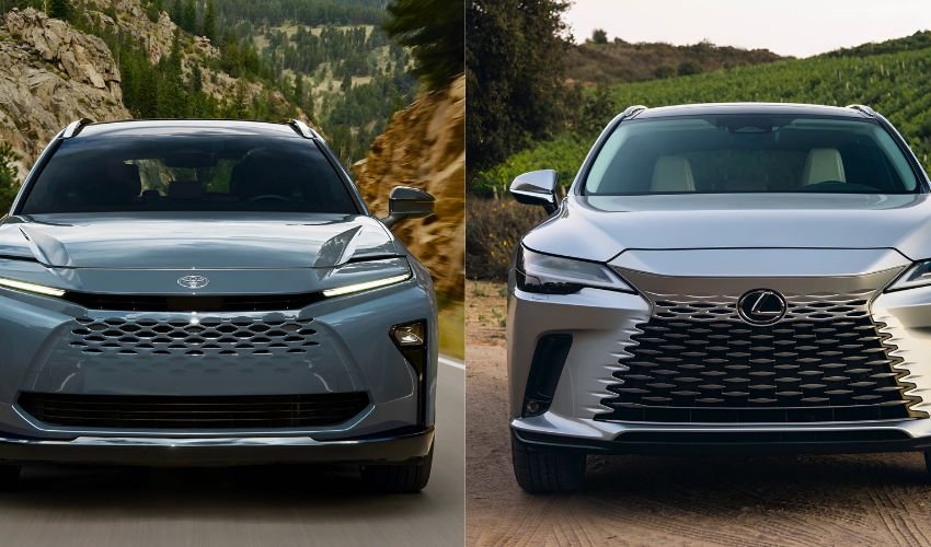 Front view comparison of the Toyota bZ4X and the Lexus RZ electric SUVs.