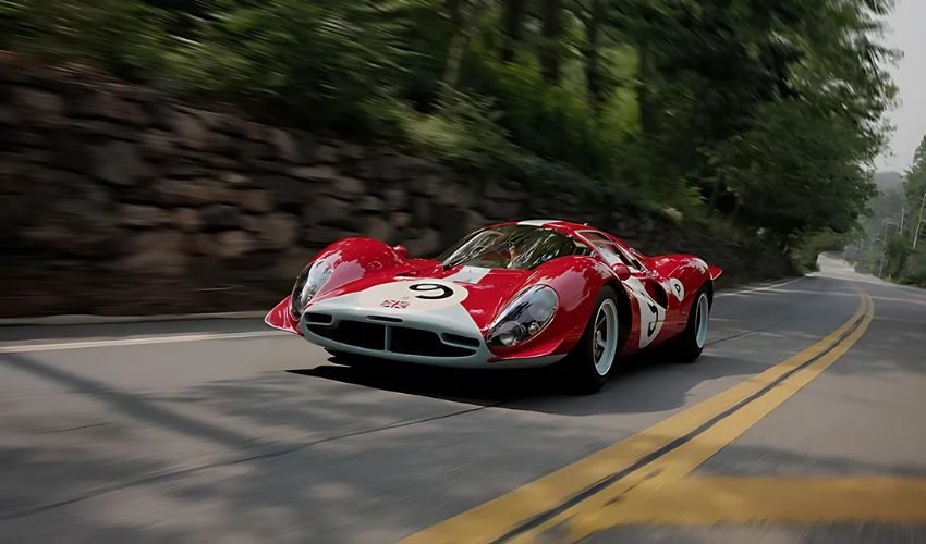 Ferrari 330 P4 race car drives along a winding road